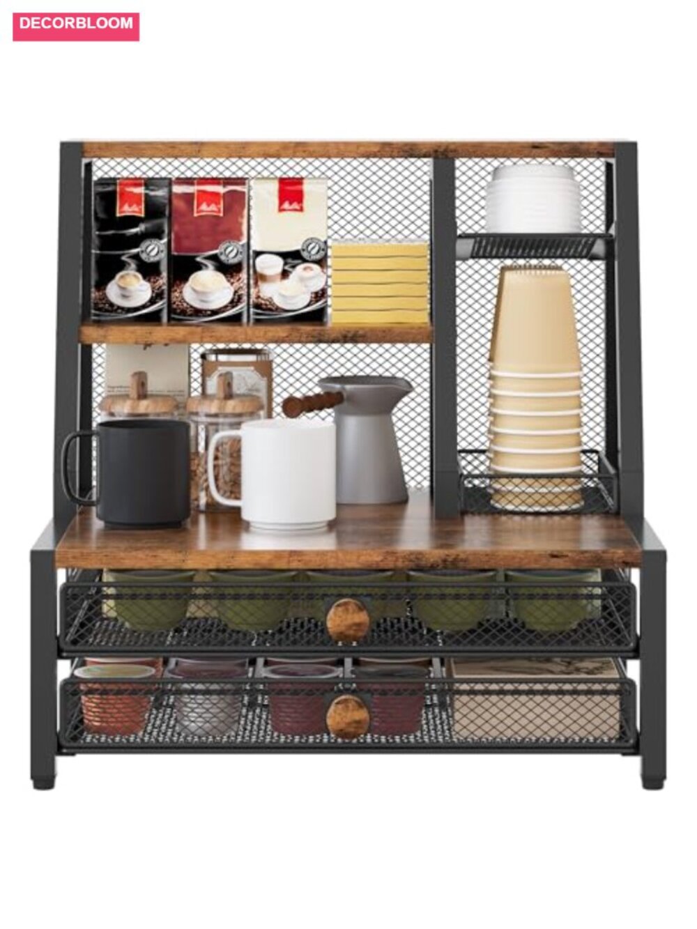 Coffee Bar Organizer, 4-Tier Countertop Station with Sliding Pod Drawer, Holds